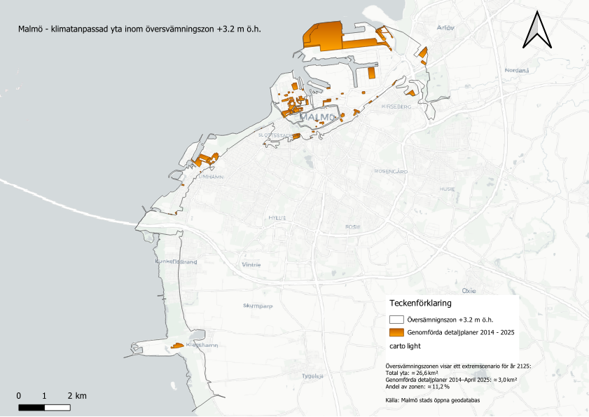 Karta över klimatanpassade detaljplaner längs Malmös kust.